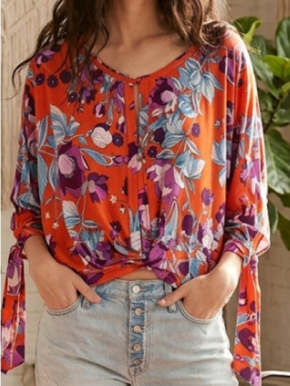 Free People Orange Floral Tie-Sleeve V-Neck Blouse
